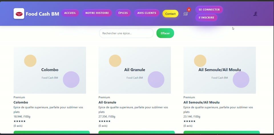 Vue catalogue avec filtres de produits et cartes articles