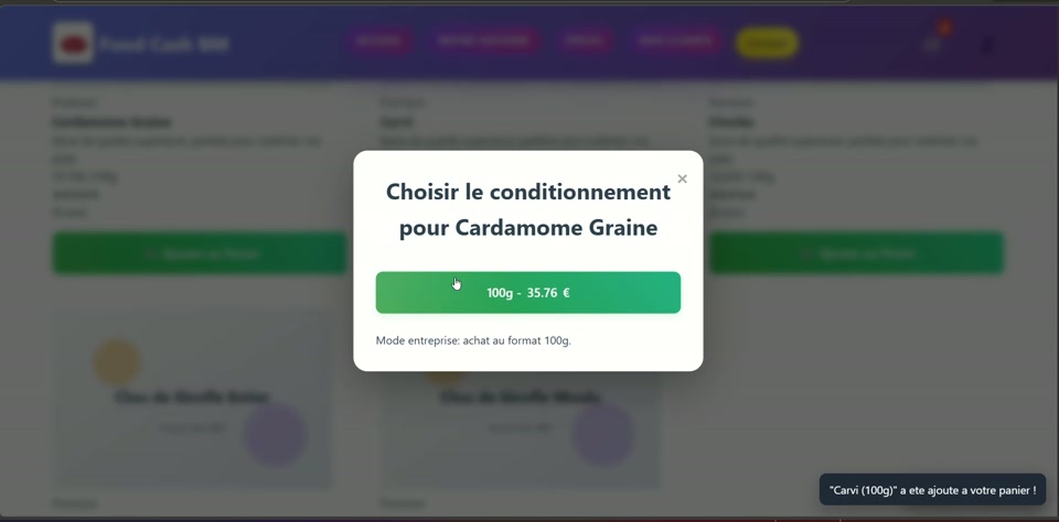 Fiche produit avec details, prix et bouton d'ajout au panier
